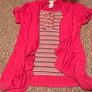Striped shirt with hot pink cover shirt.